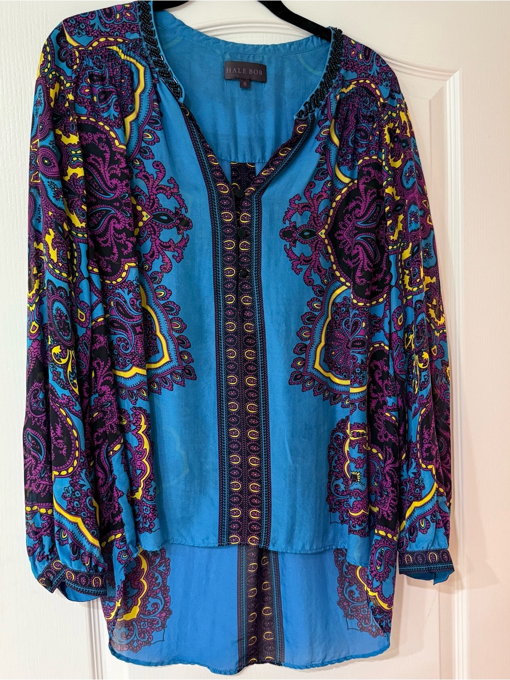 Hale Bob 100% Silk Paisley Tunic Blouse Small Blue Purple Beaded Boho Top